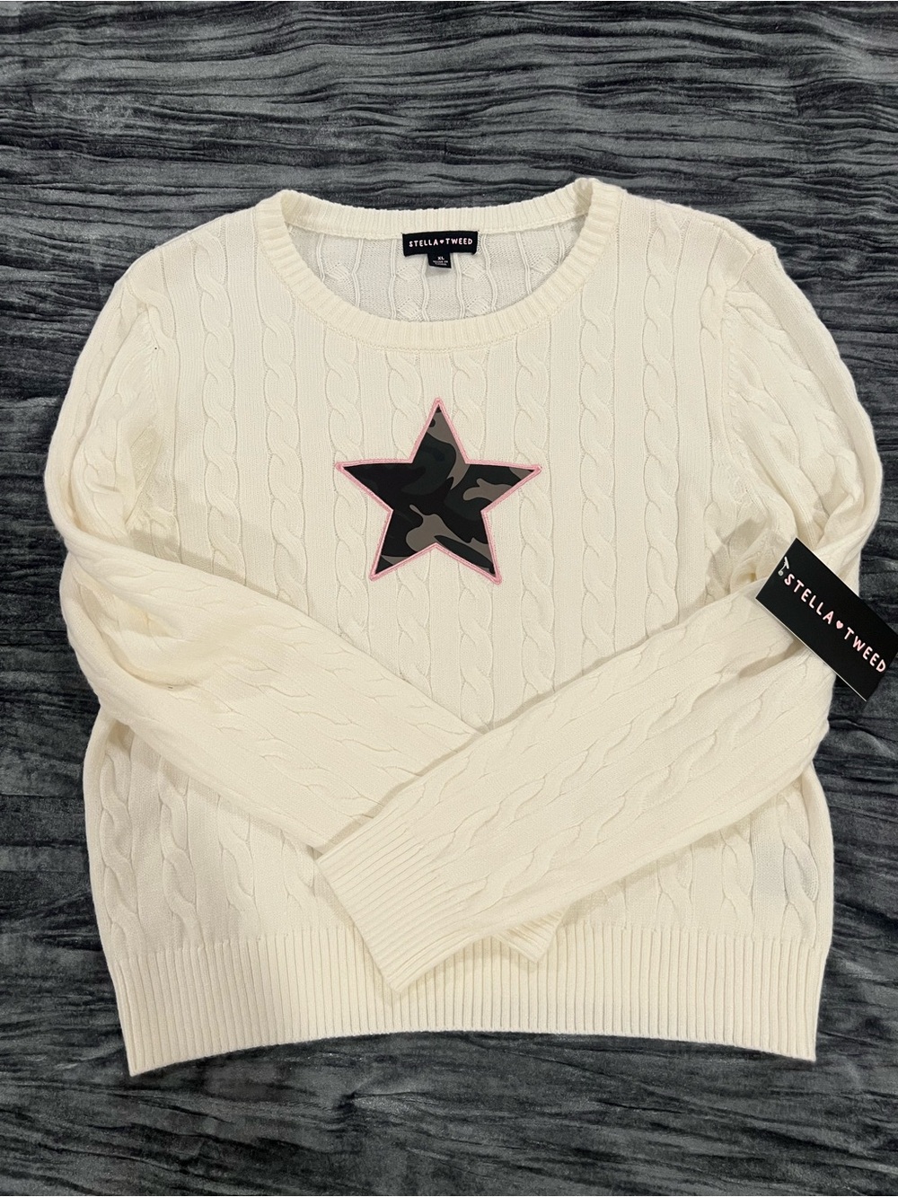 Stella Tweed Cream Cable-Knit Sweater with Star Patch Size XL